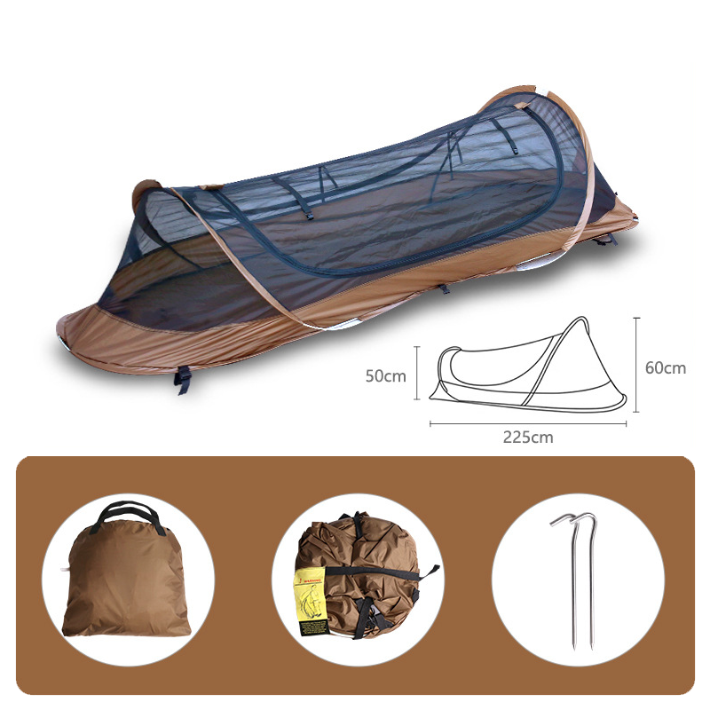 Bivy camping tent with rainfly deployed, showcasing its waterproof capabilities for outdoor use.