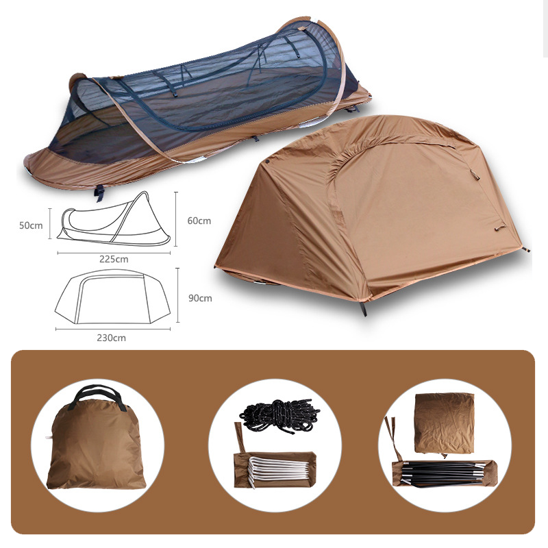 Compact solo camping tent stakes and guy lines, essential for secure instant tent setup.
