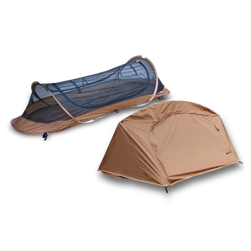 Unisex 1-person pop up bivy tent next to a campfire, perfect for a cozy solo camping night.