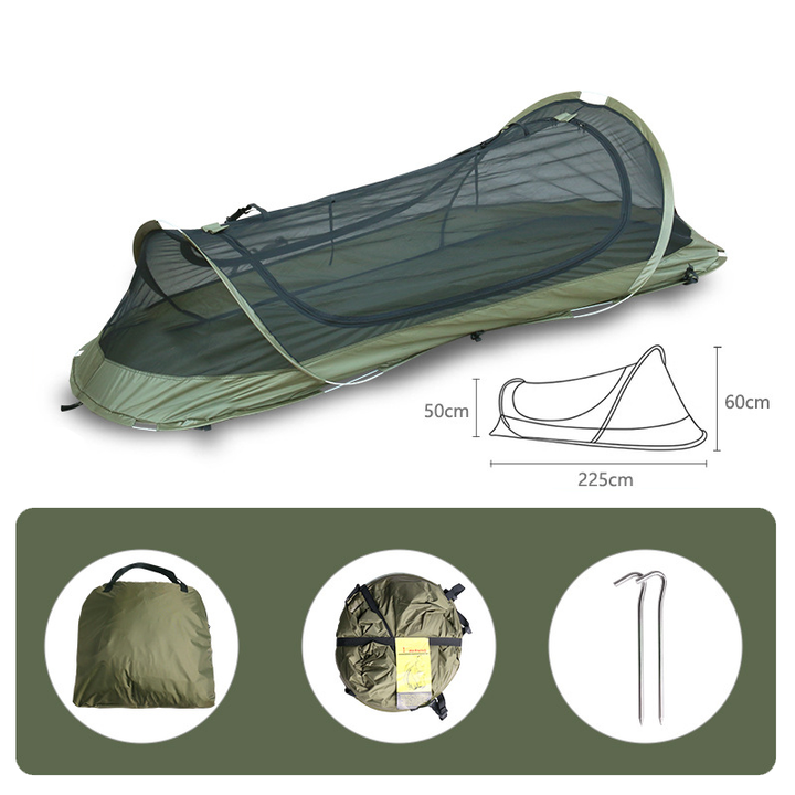 Overhead shot of the 1-person pop up bivy camping tent, highlighting its compact footprint.