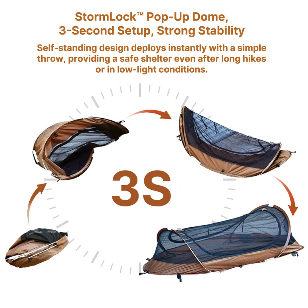 Compact 1-person pop up tent in olive green, perfect for solo camping and hiking adventures.