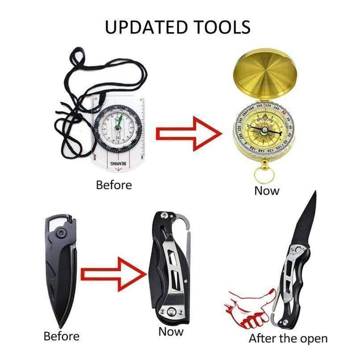 Close-up of 10-in-1 emergency gear for preppers, suitable for hiking and camping safety