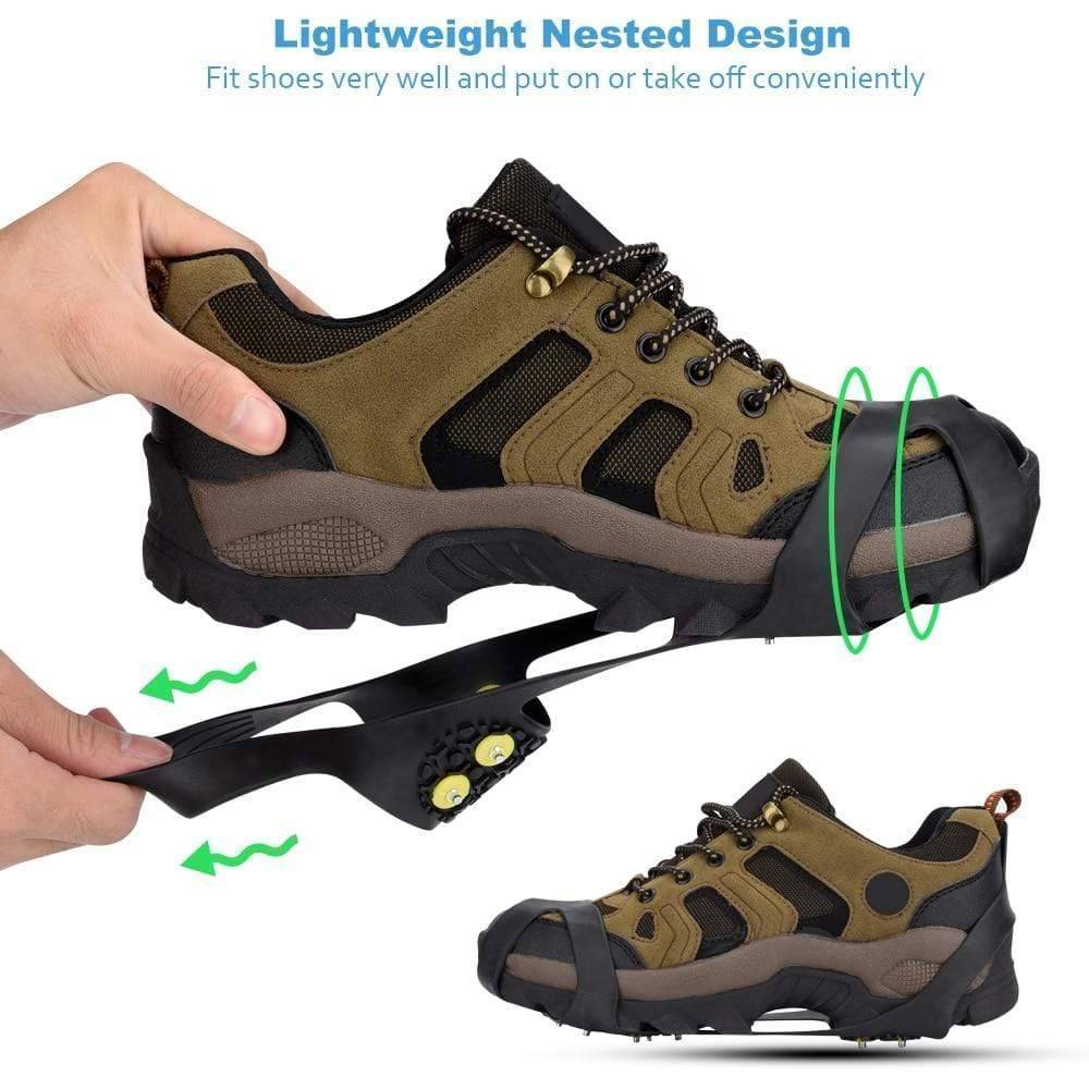 Pair of black 10-stud anti-skid ice grippers for boots, ideal hiking accessories for winter