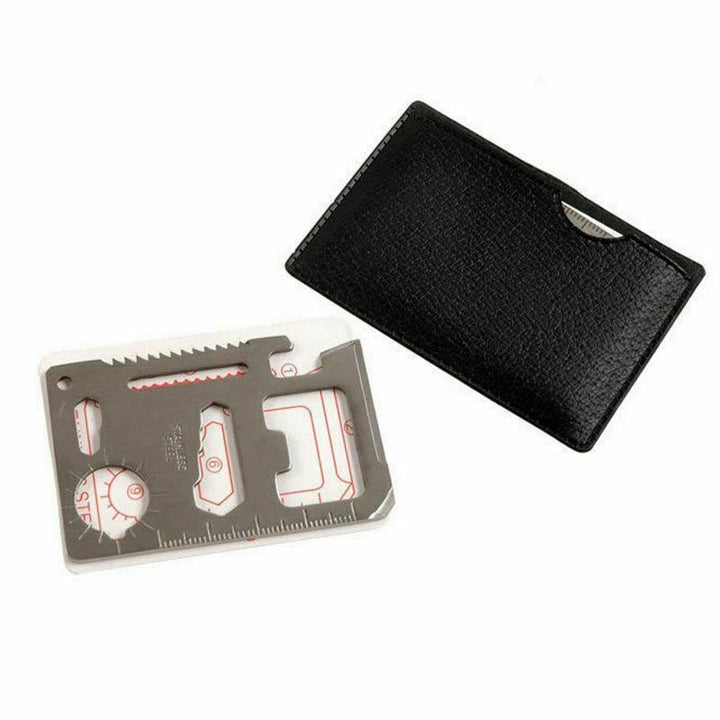 Compact pocket survival multi-tool card for outdoor gear, featuring 11 functions in one gadget