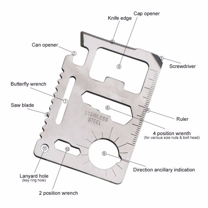 Versatile 11-in-1 credit card multi-tool, a must-have pocket gadget for outdoor enthusiasts