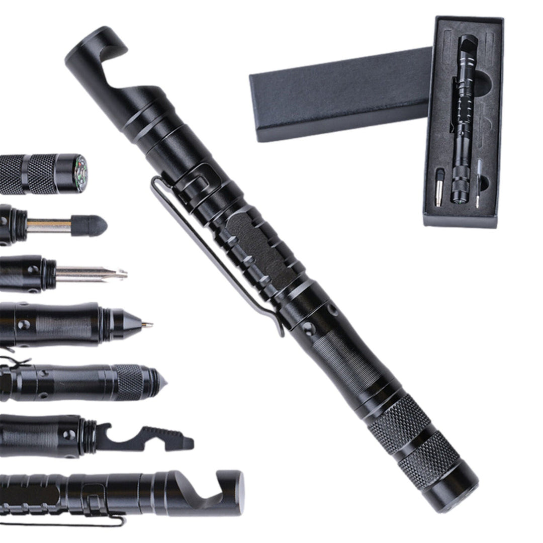 Unisex 11-in-1 Tactical Survival Pen Tool for emergency, a durable multi-tool crafted from aircraft aluminum.