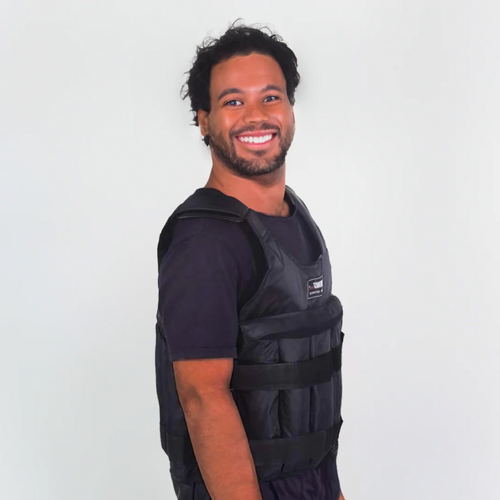 Black unisex 110 lb adjustable weighted vest, essential workout gear for serious fitness training.