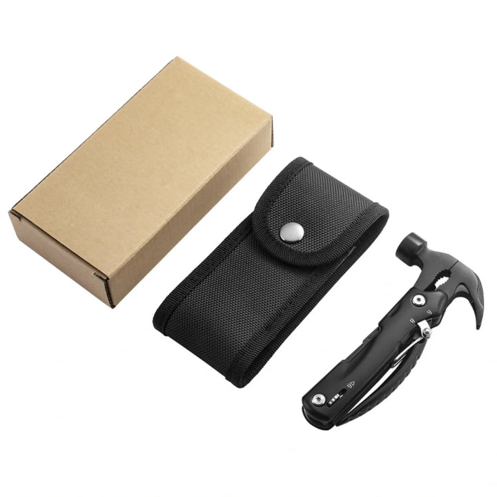 Detailed view of the various tools integrated into the 13-in-1 camping hammer multitool