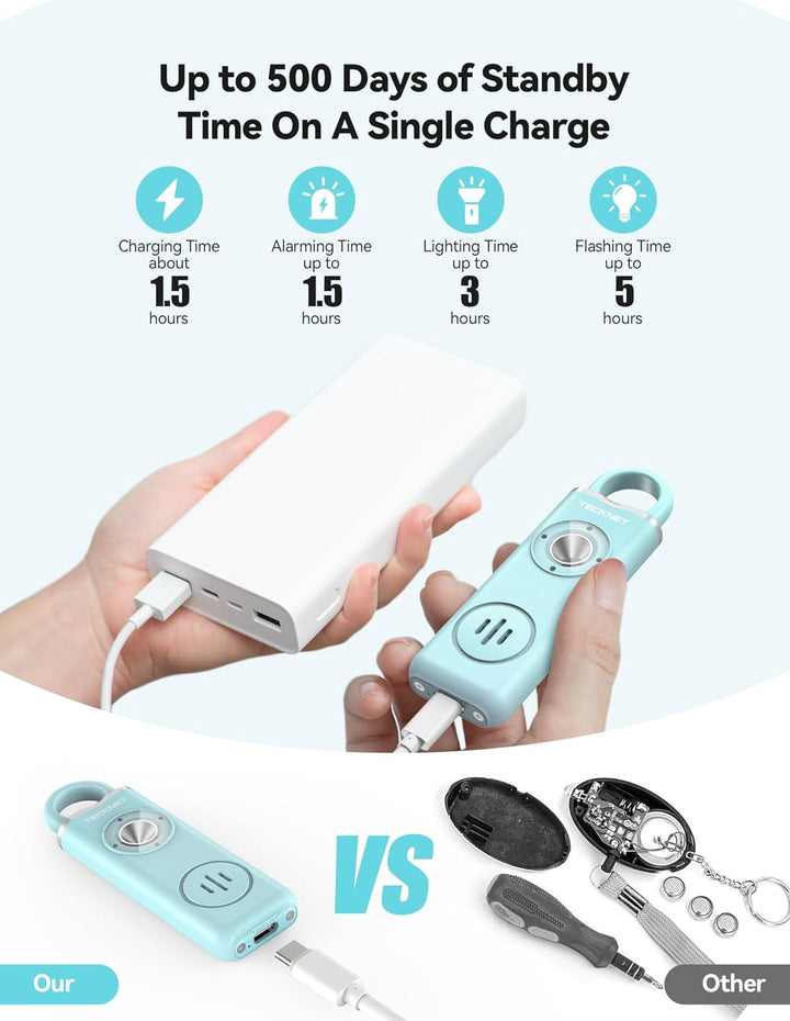 Rechargeable 130dB personal alarm keychain, a portable emergency device for enhanced personal security.