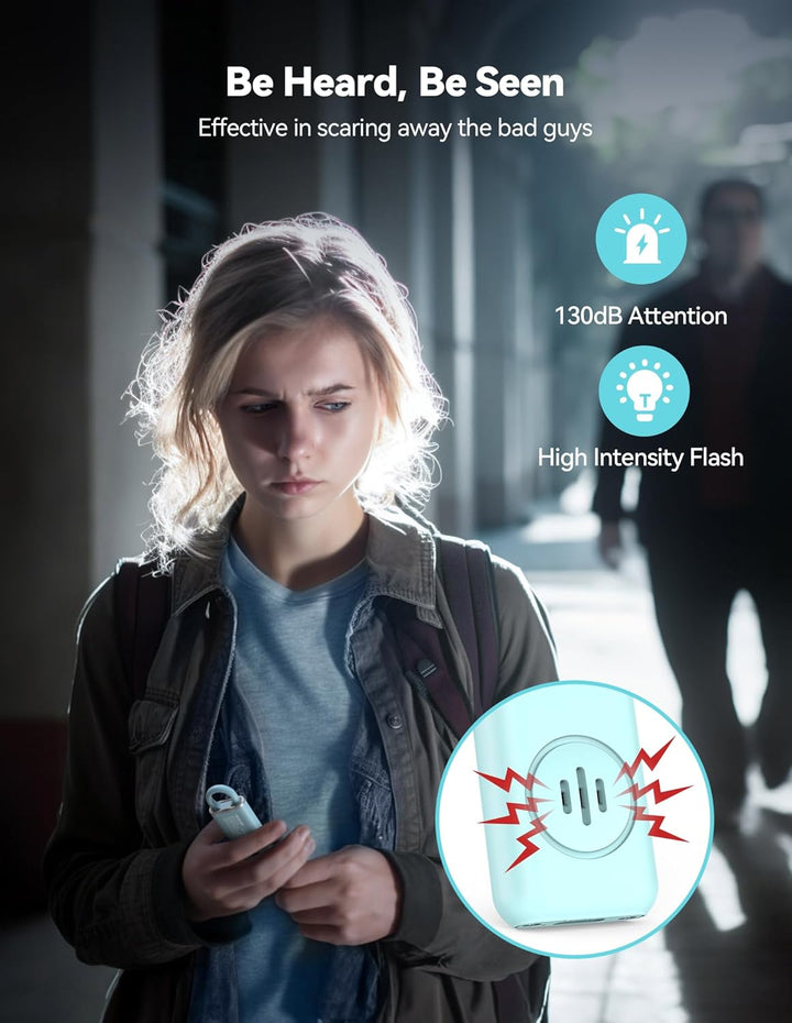 Unisex self-defense keychain alarm, 130dB loud siren with LED flashlight, offering peace of mind.