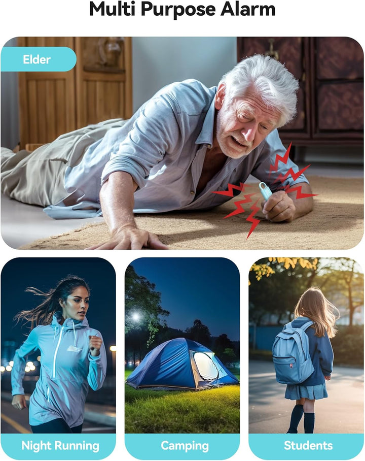 Portable 130dB personal security alarm, a discreet self-defense tool with a bright LED light.