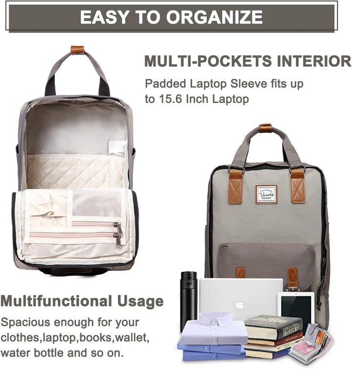 Front view of the 15.6-inch water-resistant laptop backpack, highlighting its vintage design.