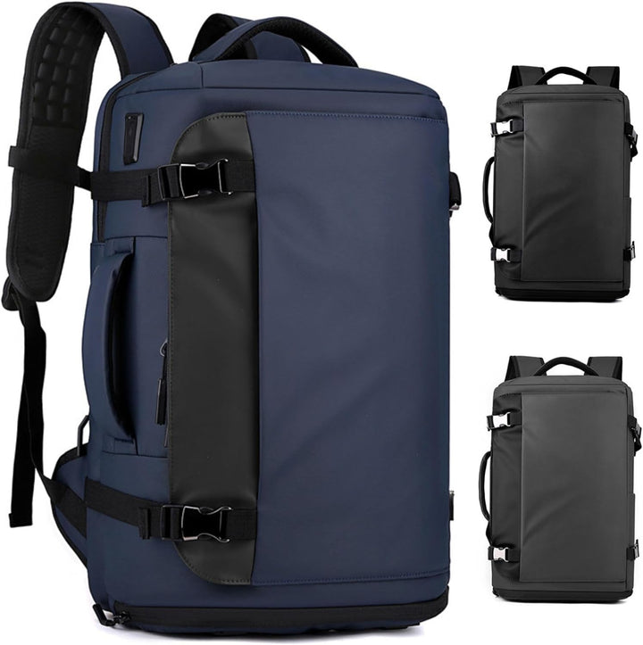 TrekPro Series 15" waterproof laptop backpack, side-open, USB-C charging, anti-theft design.