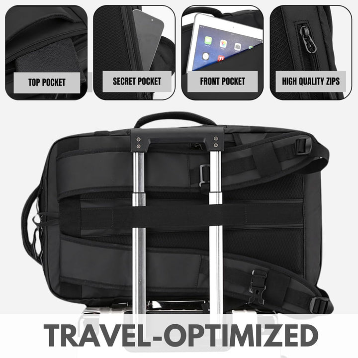 Adventure-ready 15" laptop backpack, waterproof, side-open access, USB-C port for charging.
