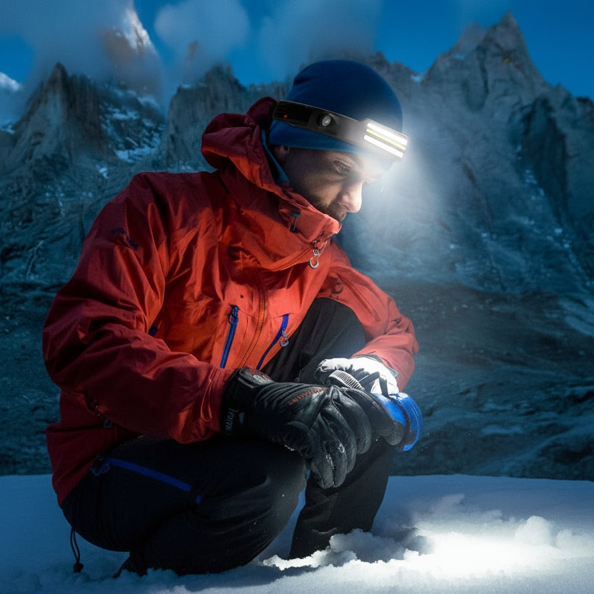 Rechargeable 1500 Lumen LED headlamp for running, camping, hiking & outdoor adventures. Hands-free illumination.