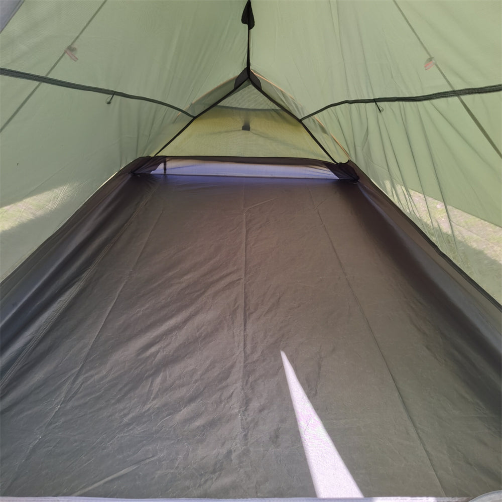 All-season lightweight camping tent components laid out: poles, fly, and main body.