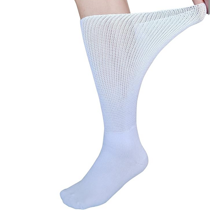 Two pairs extra wide diabetic lymphedema socks, offering non-binding comfort for swollen feet & circulation issues.