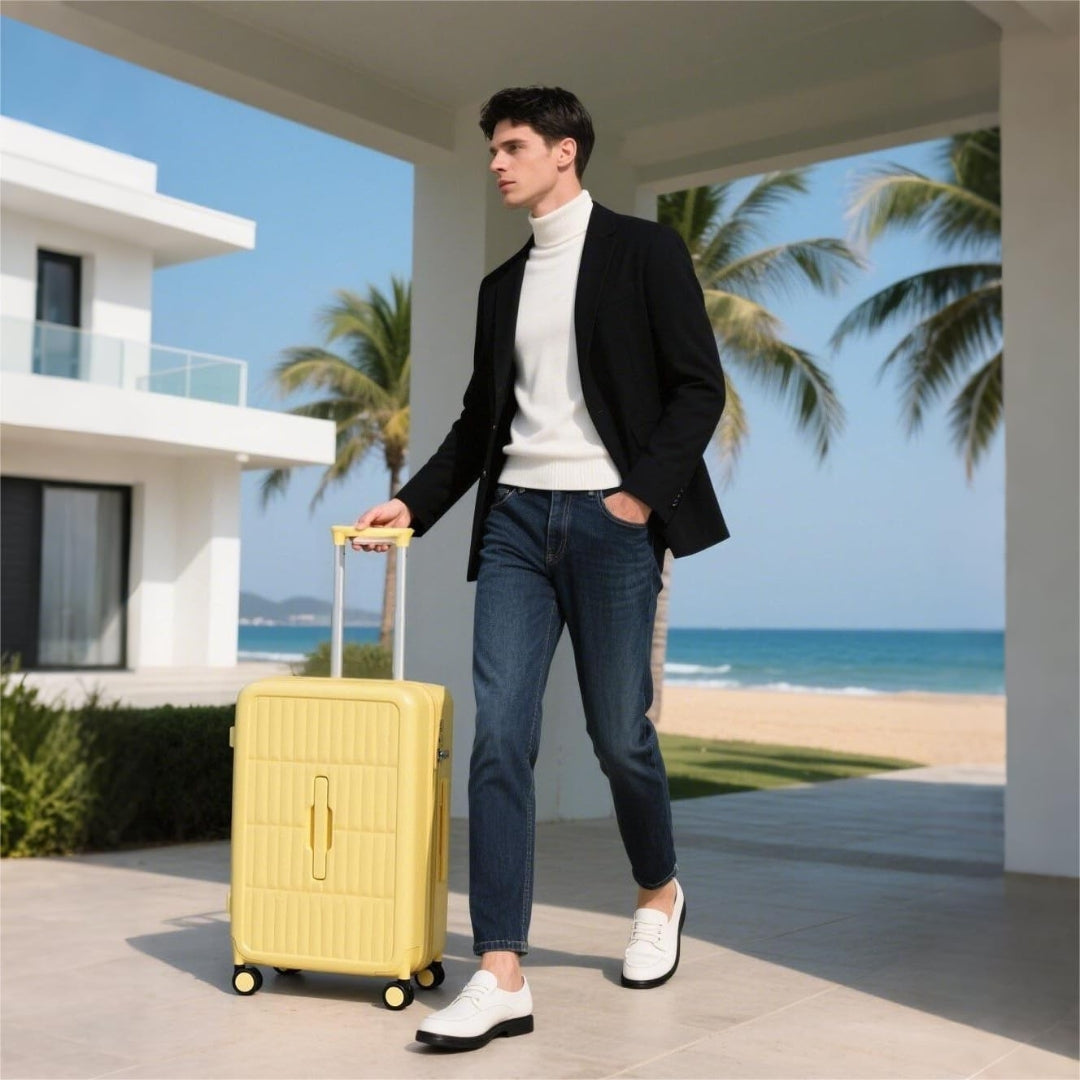 Unisex 20" carry-on luggage with durable PC hard shell & 3:7 split for efficient packing.
