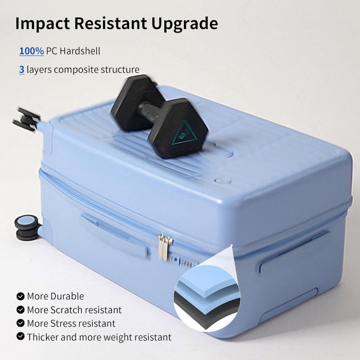 Tough 20" PC hard shell carry-on suitcase, airline-approved, with smooth spinner wheels.