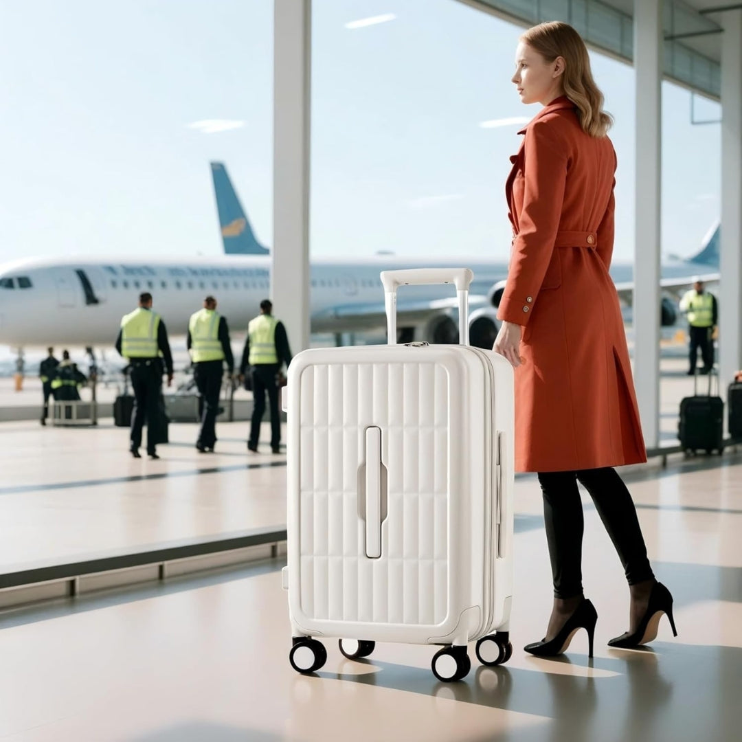 Sleek 20" carry-on suitcase, lightweight, durable PC hard shell, and spinner wheels.