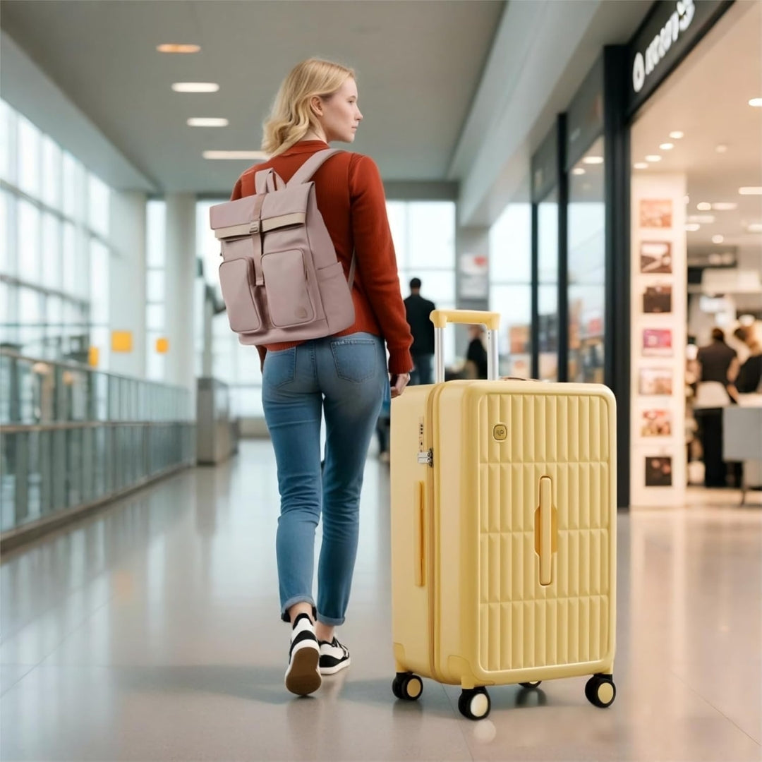 Unisex 20-inch travel luggage, airline-approved, with TSA lock and 3:7 packing split.