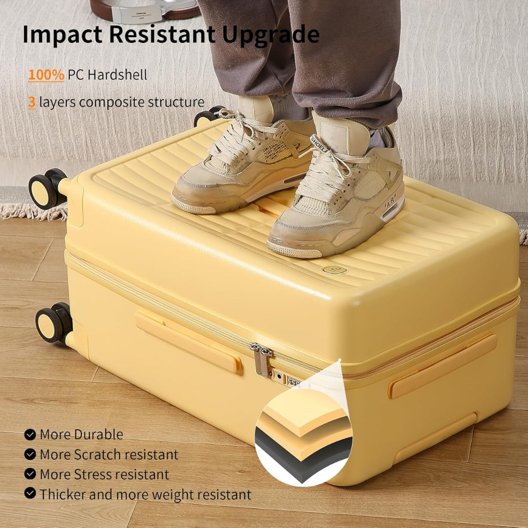 Unisex airline-approved 20" carry-on, 3:7 split, durable PC shell for easy packing.