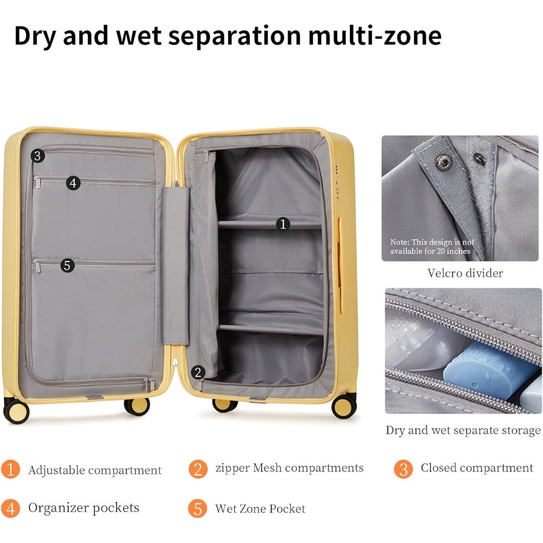Hard shell 20-inch carry-on suitcase, lightweight, with spinner wheels and TSA lock.