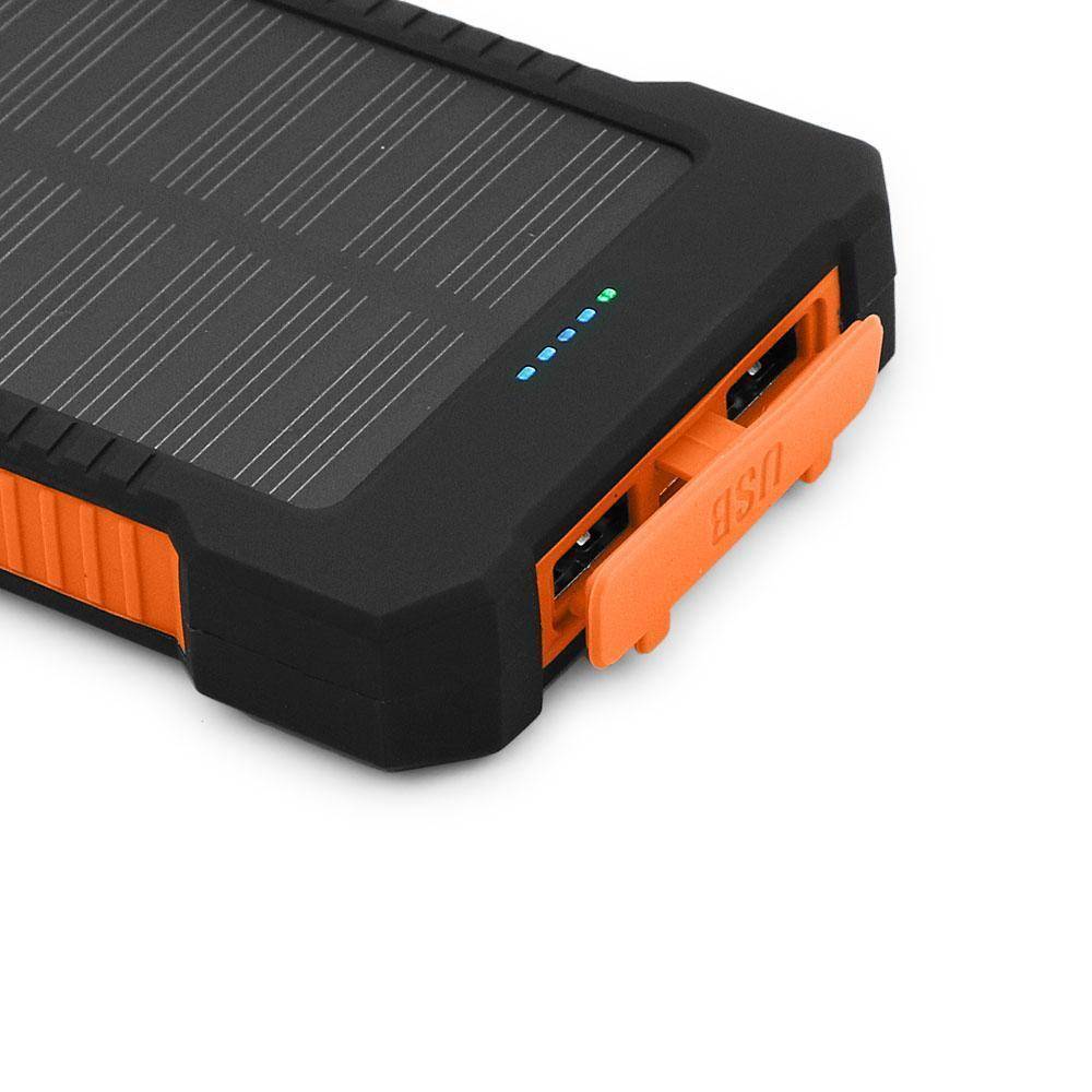 Emergency portable charger: 20000mAh solar power bank, waterproof with dual USB output.