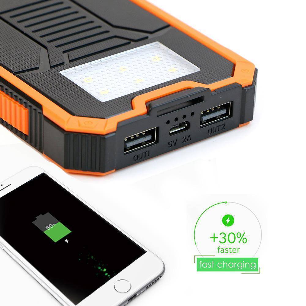 High-capacity 20000mAh solar power bank featuring a bright flashlight and dual USB ports.