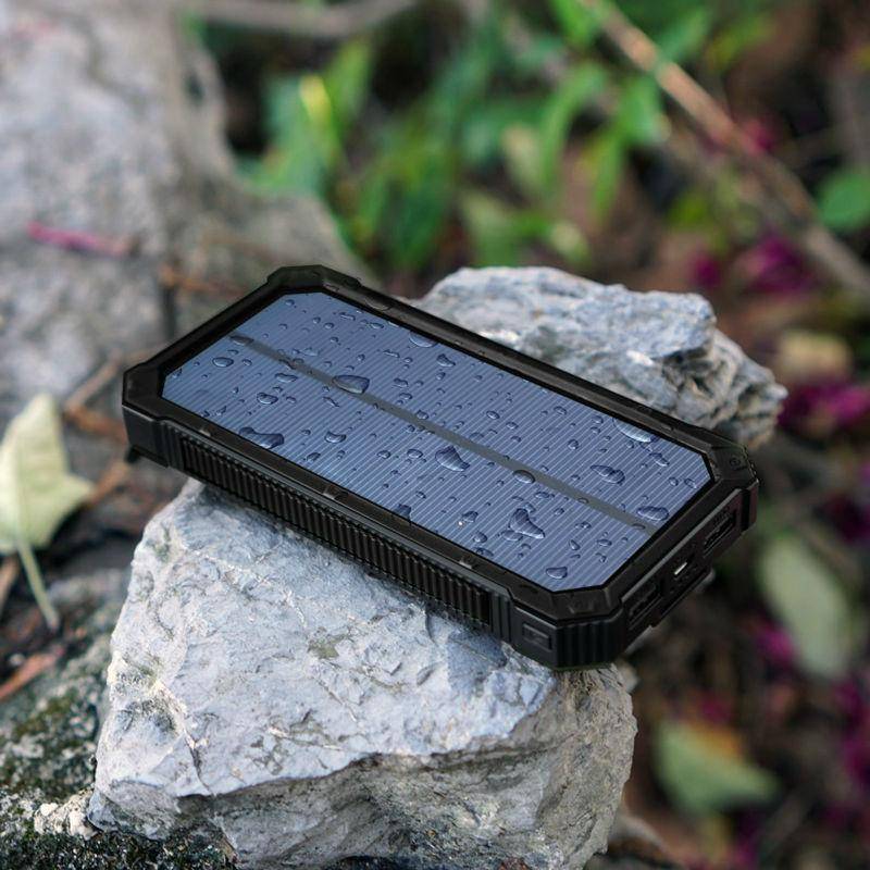 Black unisex 20000mAh solar power bank, a durable portable charger for outdoor use.