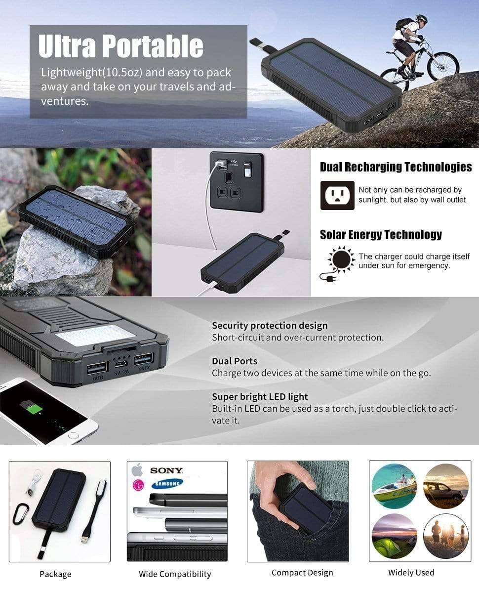 Solar-powered 20000mAh portable charger with flashlight, essential for emergency preparedness.