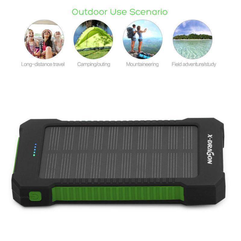 Outdoor gear: 20000mAh solar power bank charger, robust and waterproof design.