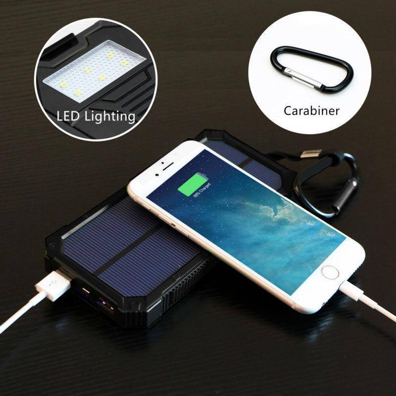 Camping accessory: 20000mAh solar power bank with integrated flashlight and dual USB.