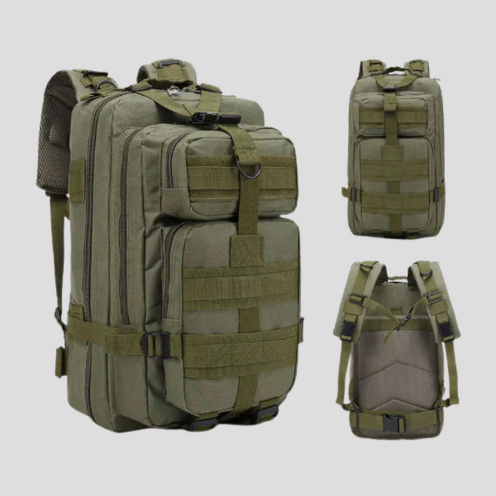 Durable 20L Tactical MOLLE Rucksack. Unisex emergency gear for hiking, camping, and travel in green.