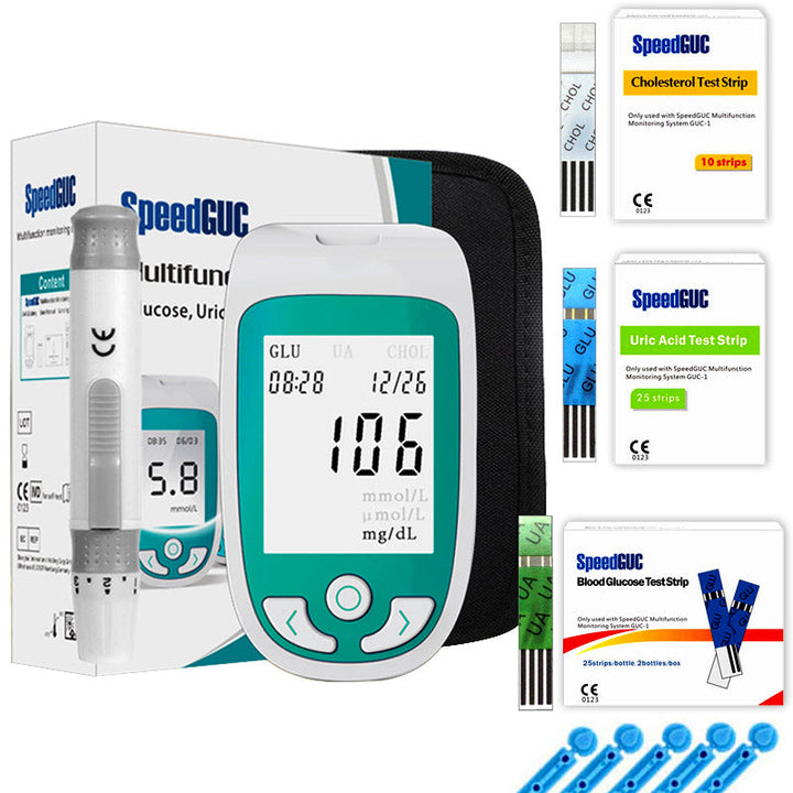Unisex 3-in-1 home health monitor for easy cholesterol, glucose, and uric acid blood testing. Personal diagnostic device.