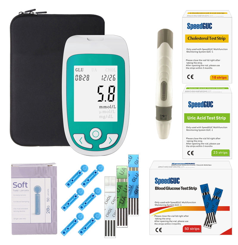 Compact home health monitor for accurate cholesterol, glucose, uric acid tests. Easy-to-use blood test kit.