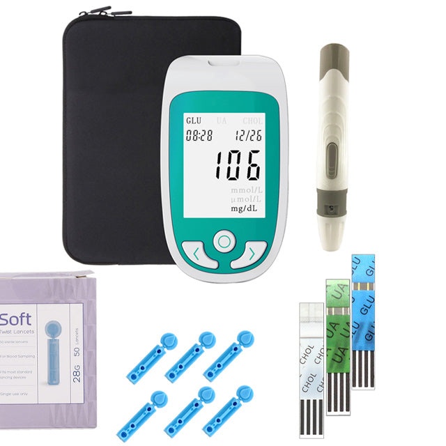 Digital 3-in-1 health monitor displaying cholesterol, glucose, uric acid results. Essential home diagnostic device.