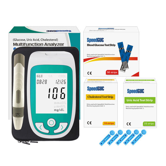 Unisex blood test kit: 3-in-1 monitor for quick cholesterol, glucose, and uric acid levels. Convenient personal health.