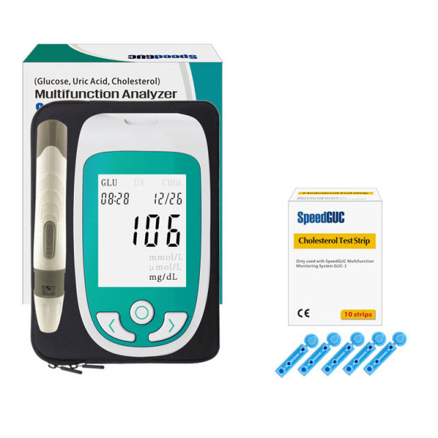 Hand holding 3-in-1 health monitor. Quick & accurate home testing for cholesterol, glucose, uric acid monitoring.