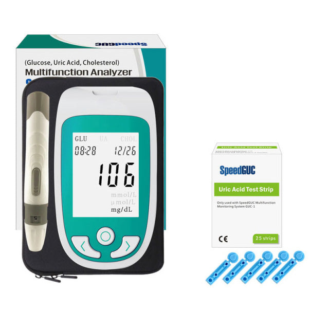 View of 3-in-1 home health monitor with test strips. Measures cholesterol, glucose, uric acid for personal use.