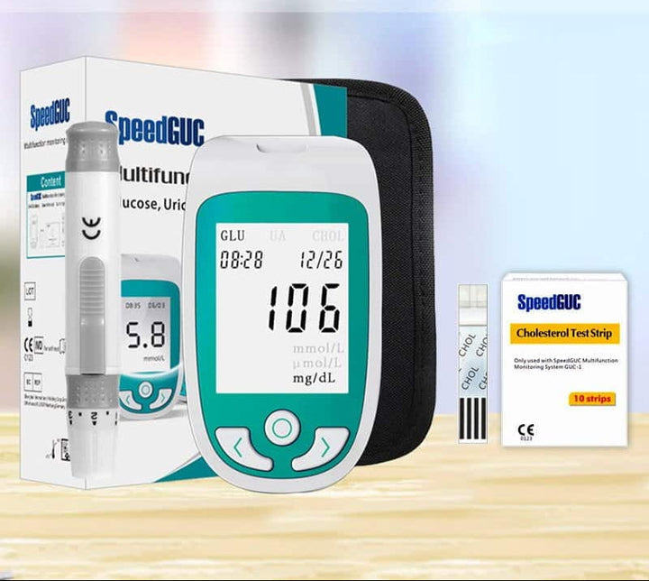Modern 3-in-1 health monitor on a table. Easy home testing for cholesterol, glucose, and uric acid monitoring.