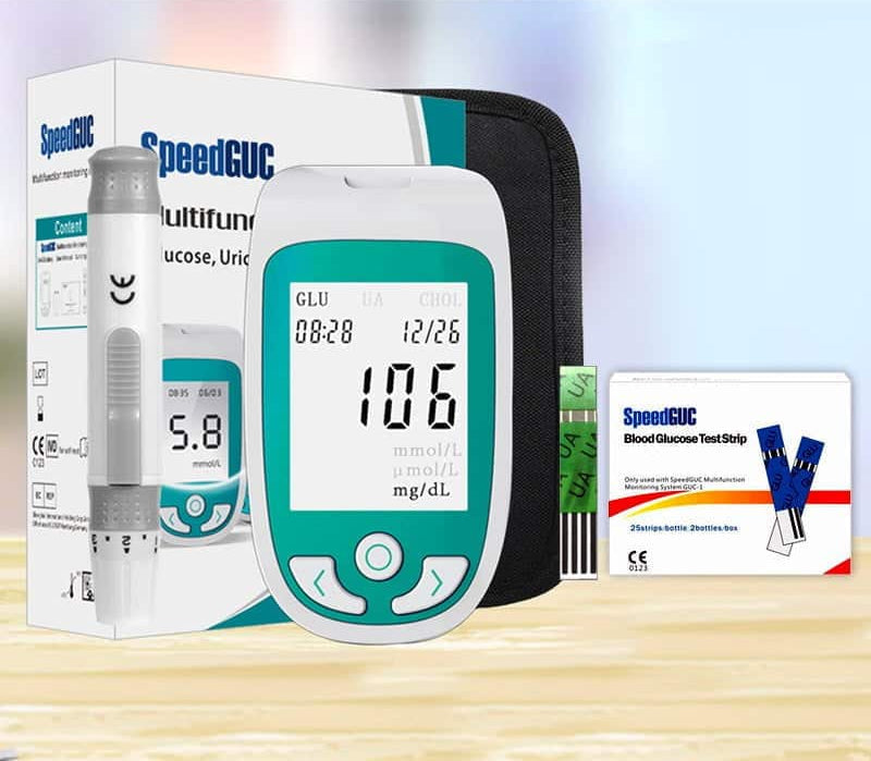 Unisex diagnostic device for home health: Monitor measures cholesterol, glucose, uric acid levels accurately.