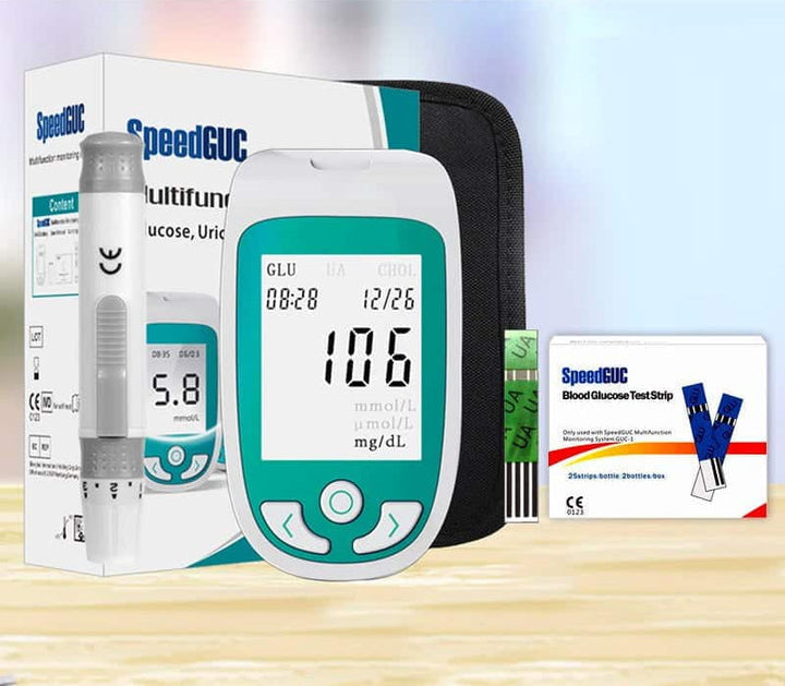 Unisex diagnostic device for home health: Monitor measures cholesterol, glucose, uric acid levels accurately.