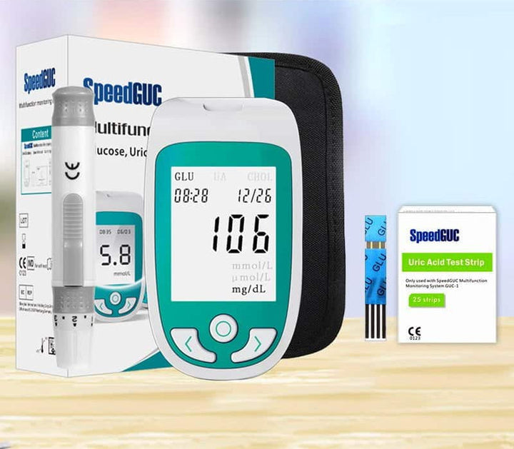 Complete home health monitoring system: 3-in-1 kit for cholesterol, glucose, uric acid tests. Simple & reliable.