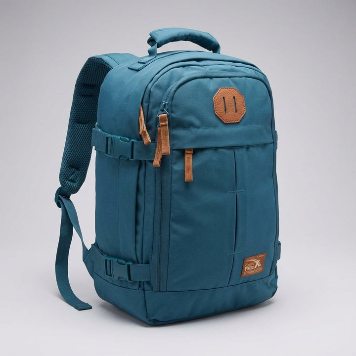 Traveler wearing a compact 30 liter unisex carry-on backpack, ready for an adventure.