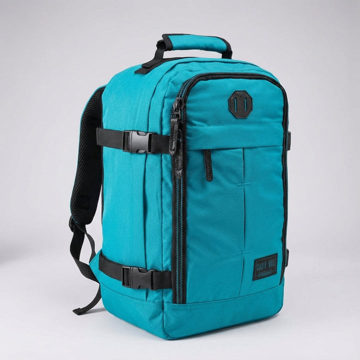 Front view of a 30 liter compact travel backpack, showcasing its streamlined carry-on design.