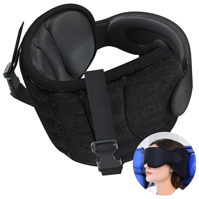 Unisex 360° memory foam travel neck pillow set with head strap & sleep mask for airplane & car comfort.