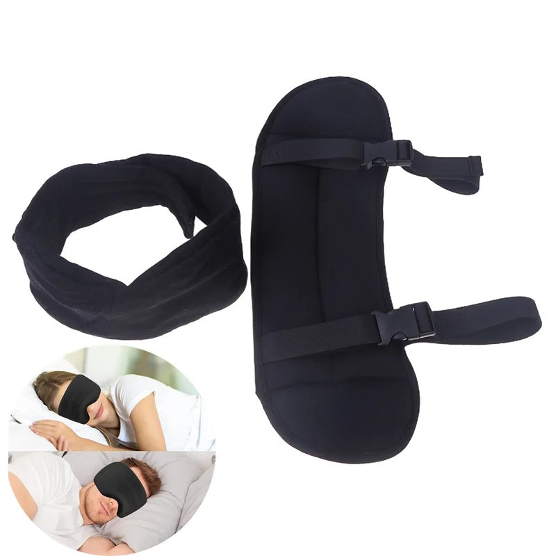Ergonomic travel neck pillow set offering 360° memory foam support, includes head strap & eye mask.