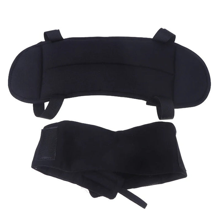 Portable 360° neck pillow with dense memory foam, head strap & sleep mask; perfect for compact travel.