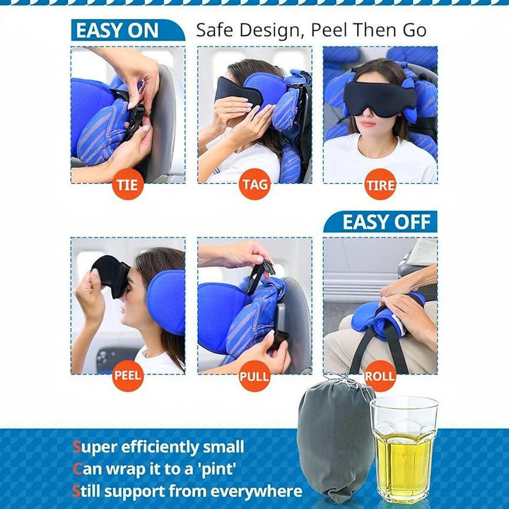 Soft memory foam travel neck pillow provides 360° support; includes a secure head strap & eye mask.